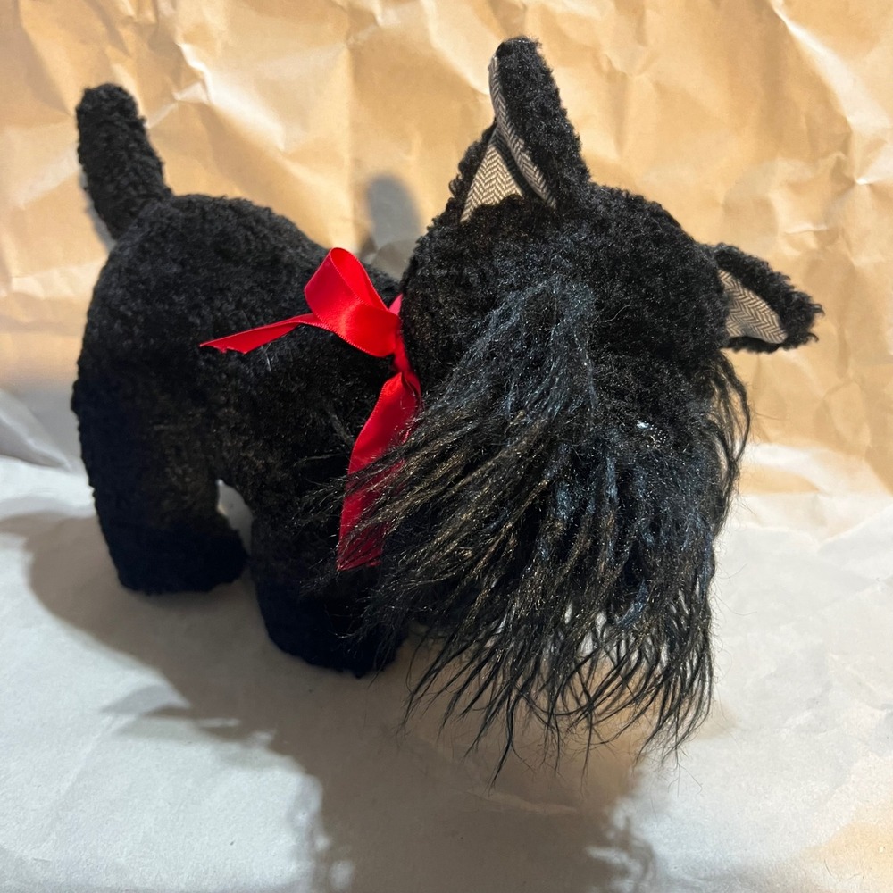 Small Scottish Terrier Plush Black Red‎ Bow Herringbone Accents Dog